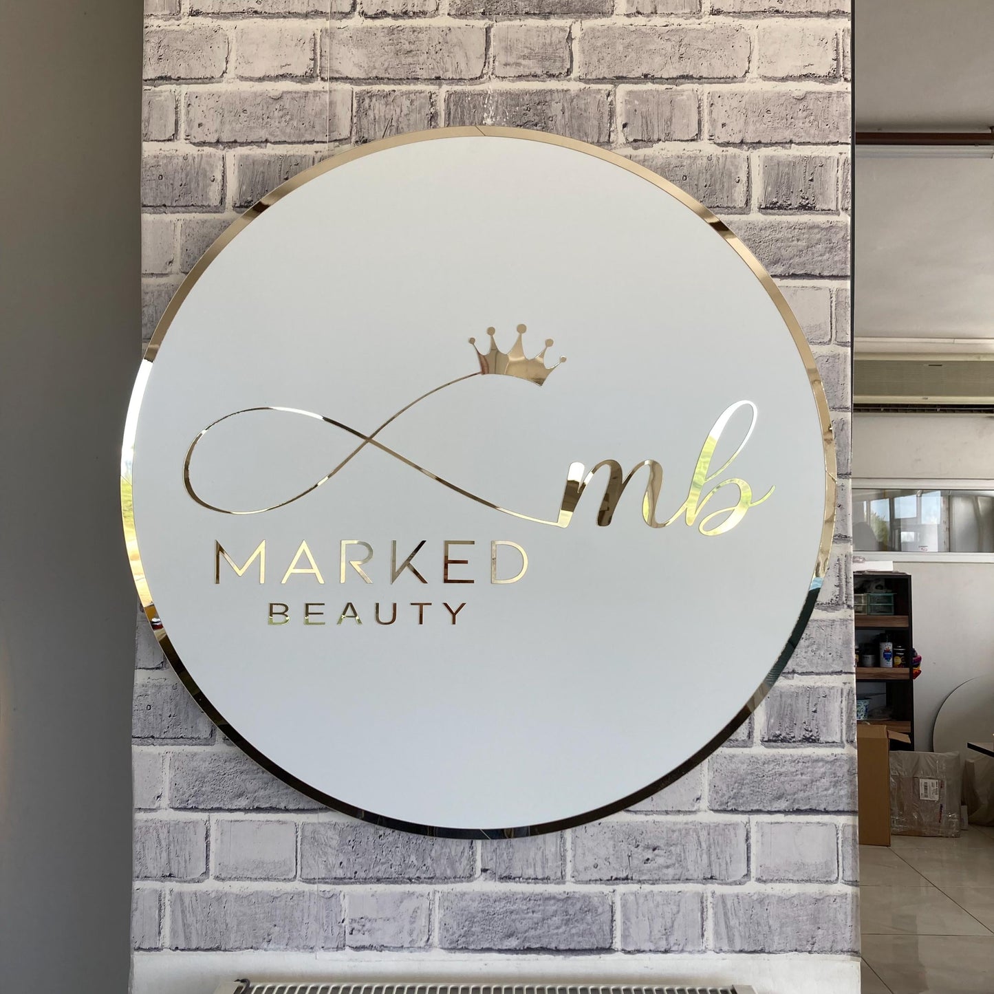 Custom Round Sign For Business Decor | Acrylic Gold Mirror Business Sign