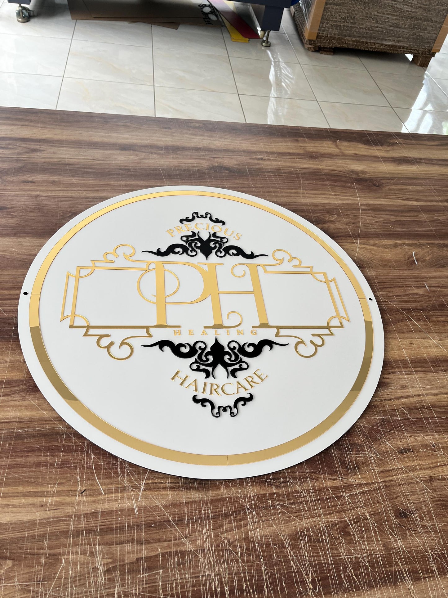 Custom Round Sign For Business Decor | Acrylic Gold Mirror Business Sign