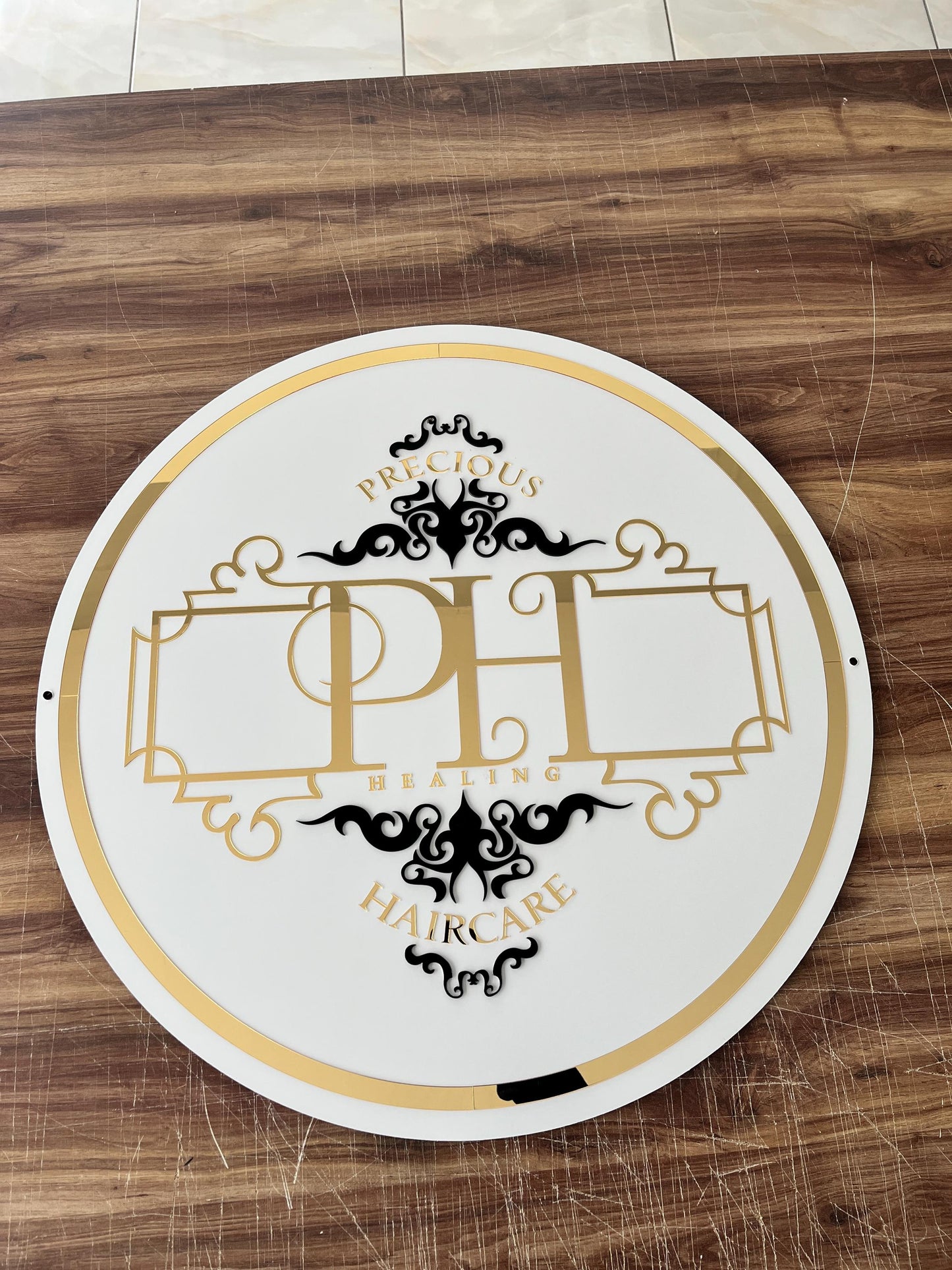 Custom Round Sign For Business Decor | Acrylic Gold Mirror Business Sign