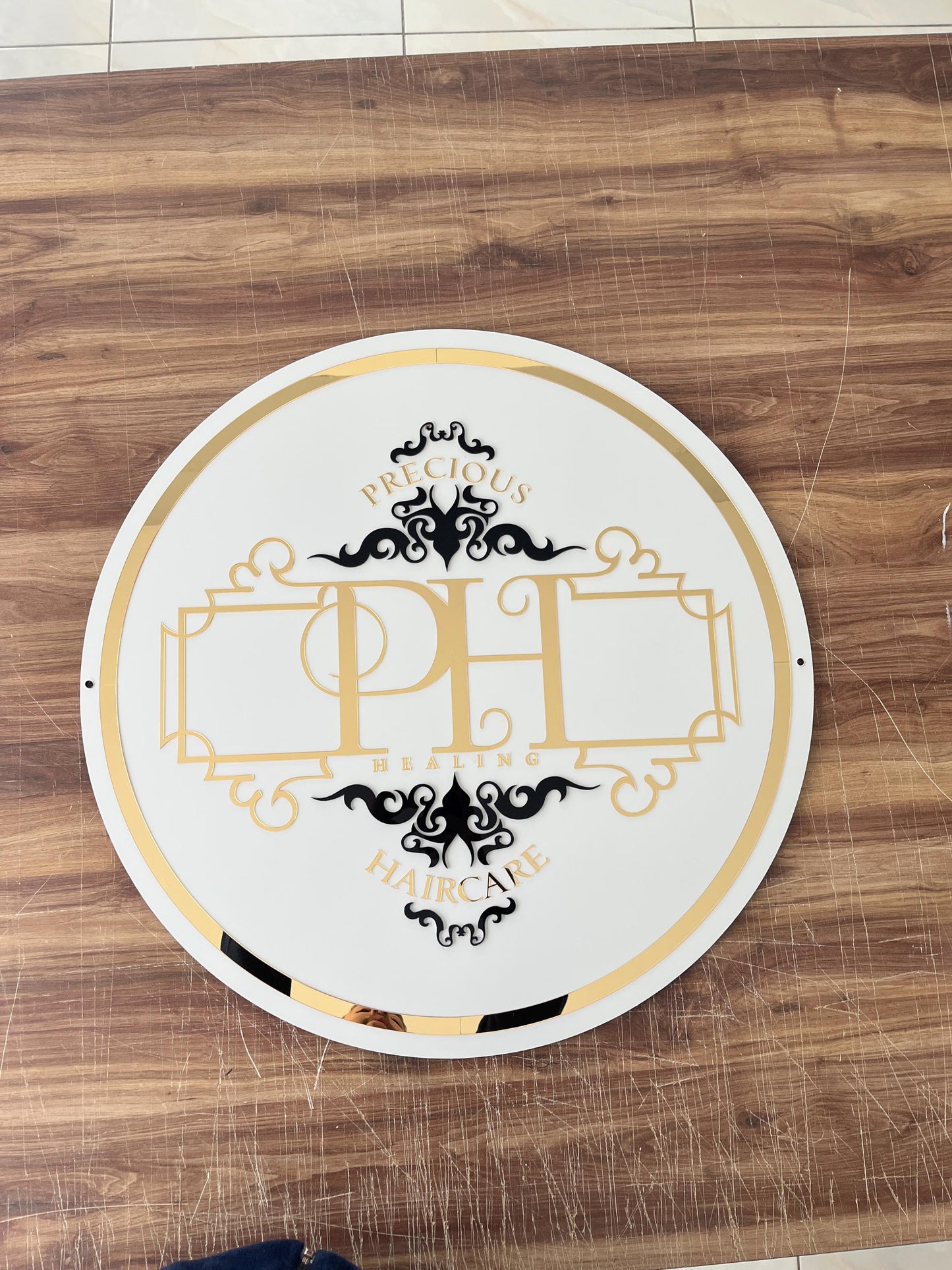 Custom Round Sign For Business Decor | Acrylic Gold Mirror Business Sign