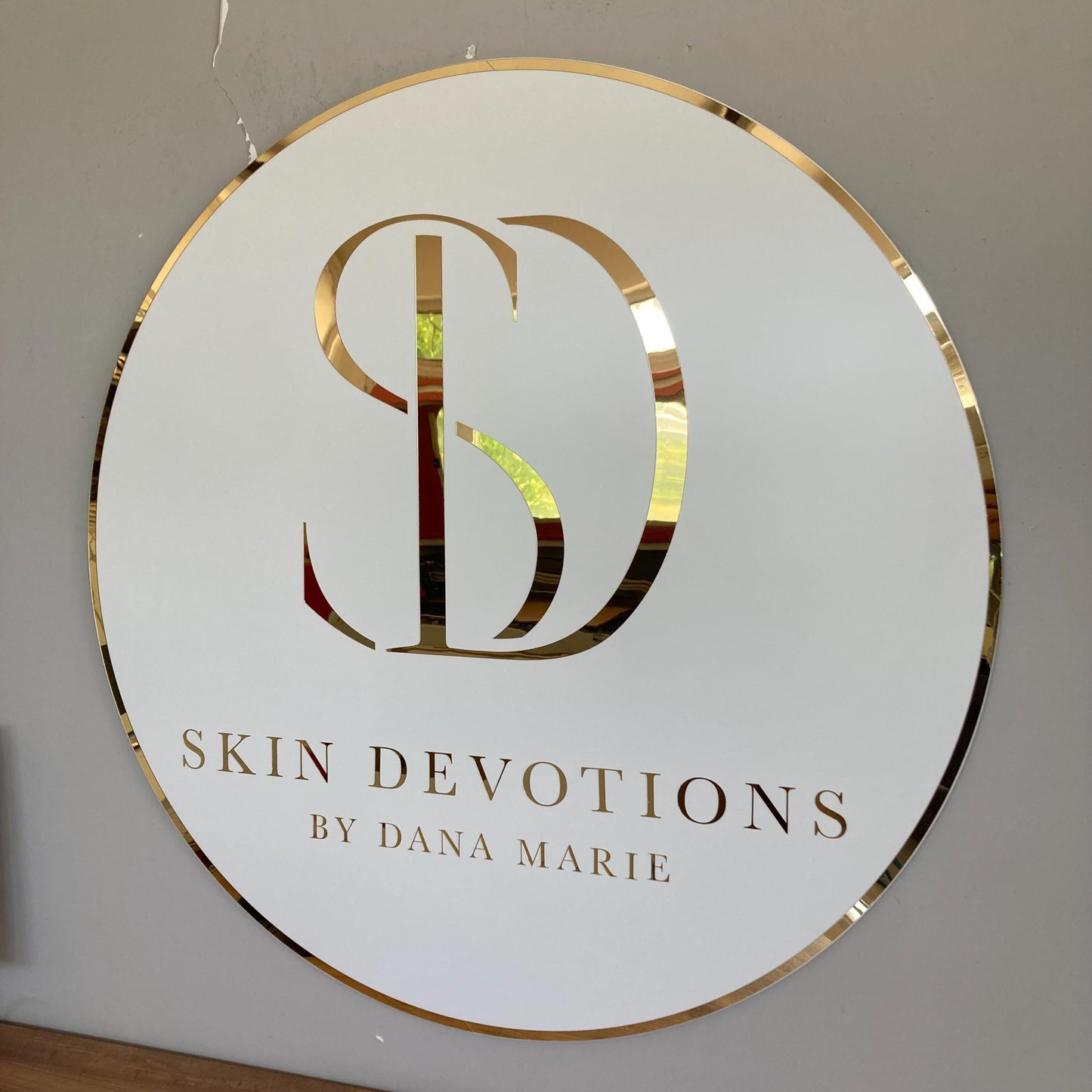 Custom Round Sign For Business Decor | Acrylic Gold Mirror Business Sign