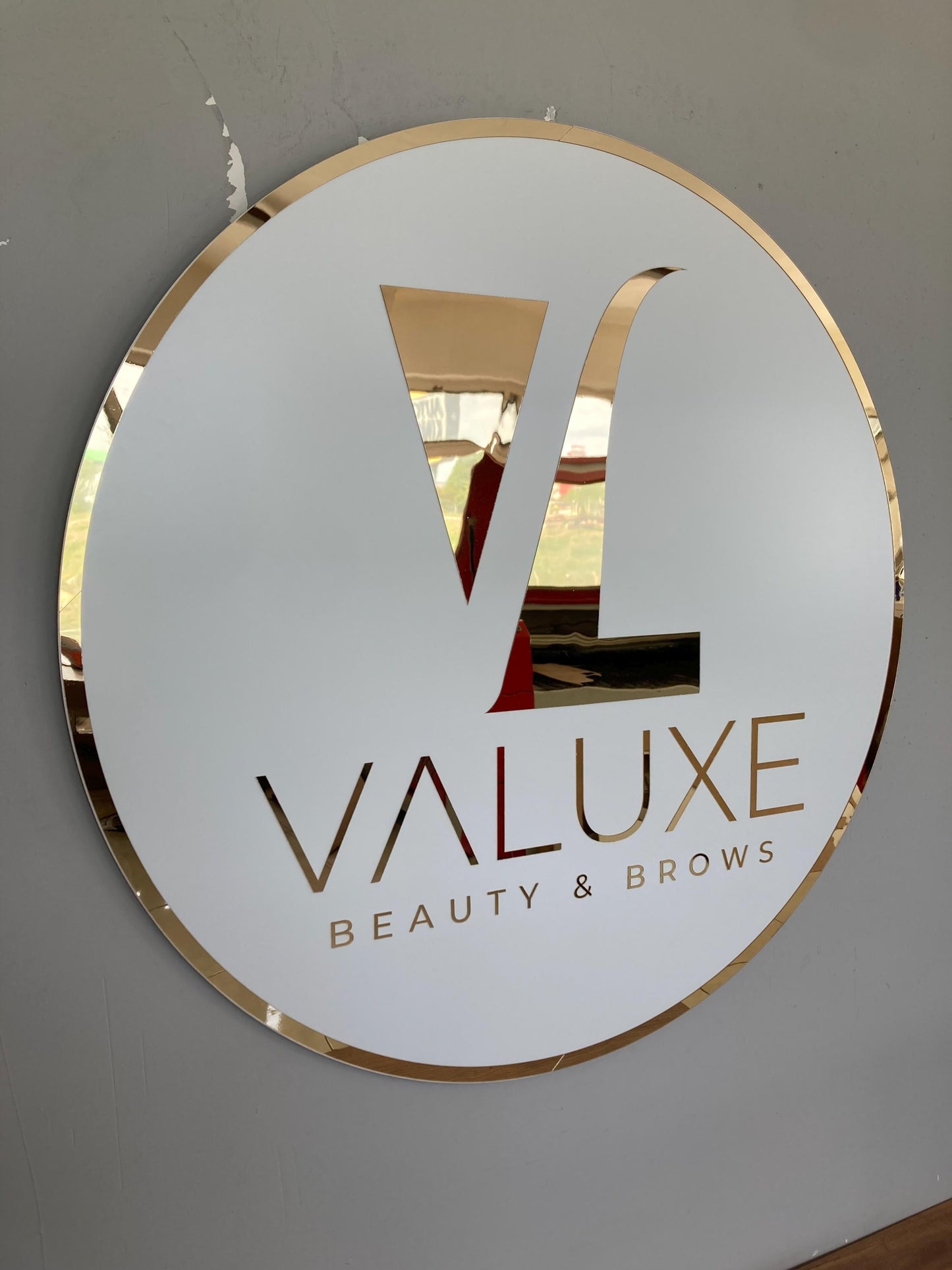 Custom Round Sign For Business Decor | Acrylic Gold Mirror Business Sign