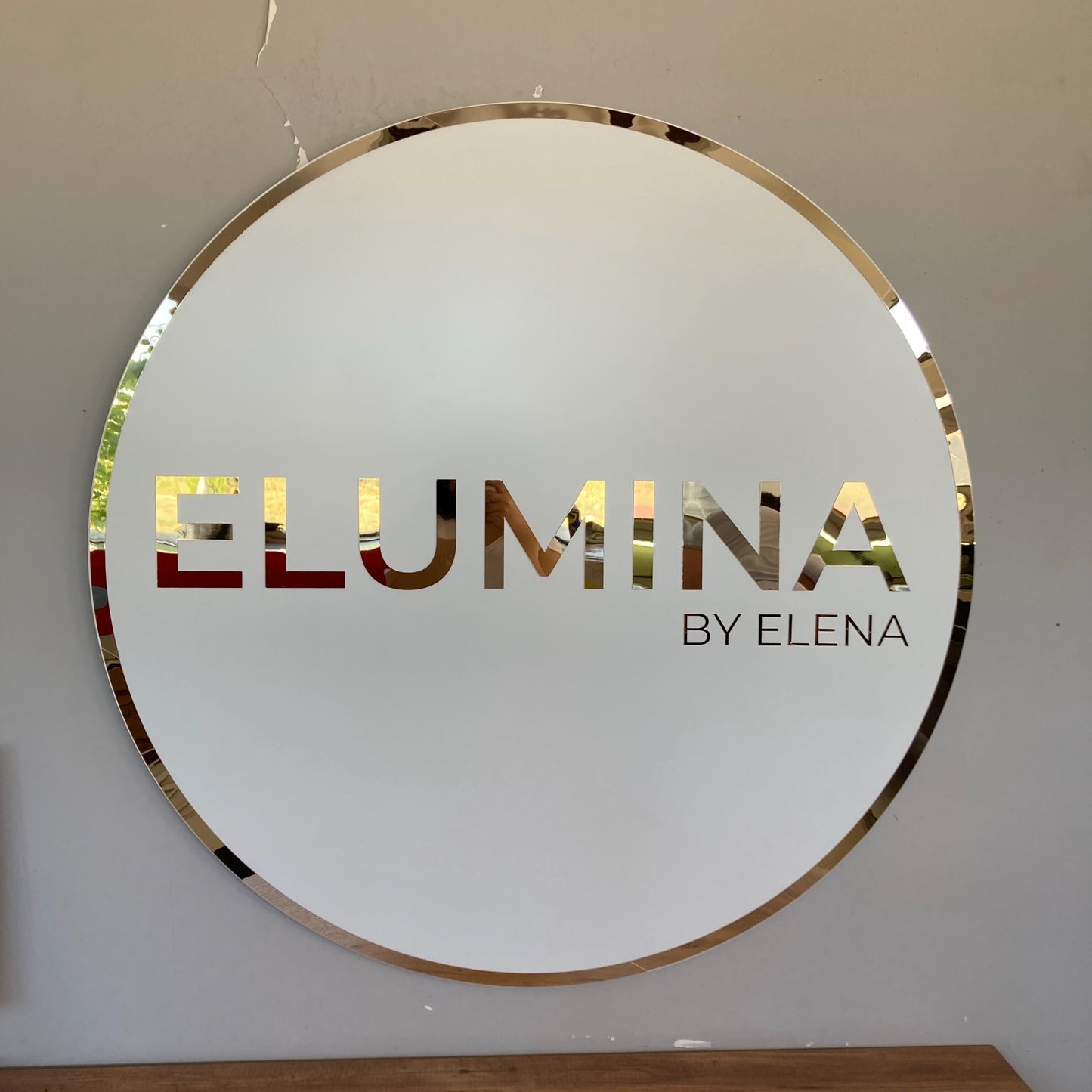 Custom Round Sign For Business Decor | Acrylic Gold Mirror Business Sign