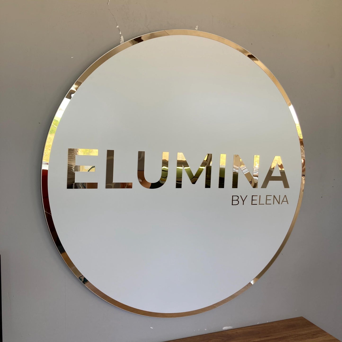 Custom Round Sign For Business Decor | Acrylic Gold Mirror Business Sign
