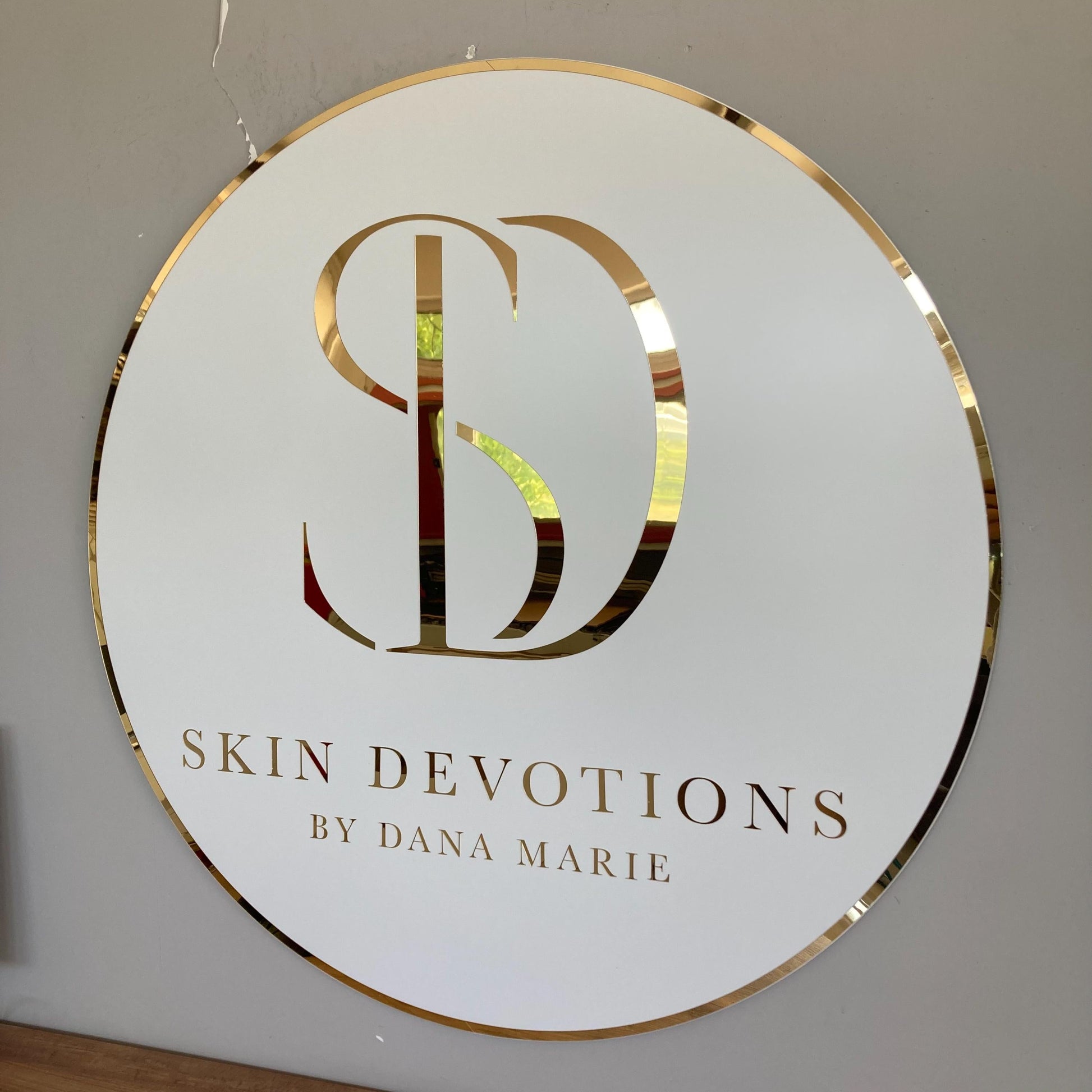 Custom Round Sign For Business Decor | Acrylic Gold Mirror Business Sign