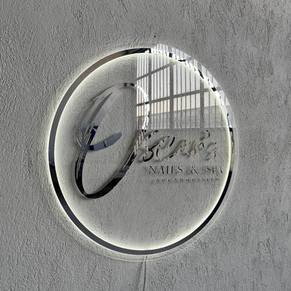 Silver Mirror Custom Sign Business Logo, Backlit Acrylic Sign, Personalized Business Name Sign, Salon Wall Decor, Office Sign, Store Sign