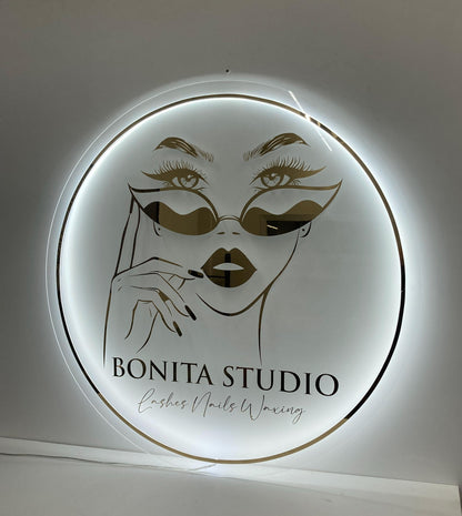 Clear Acrylic Gold Mirror Custom Neon Sign, Backlit Acrylic Sign, Personalized Business Name Sign, Salon Wall Decor, Office Sign, Store Sign