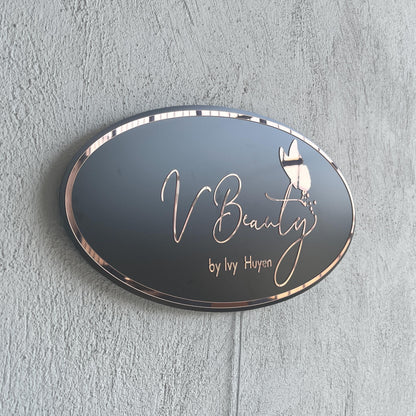 Business Oval Mirror Logo Sign, Rose Gold Mirror Custom 3D Acrylic Sign, Modern Office Wall Decor, Personalized Company Logo, Reception Sign