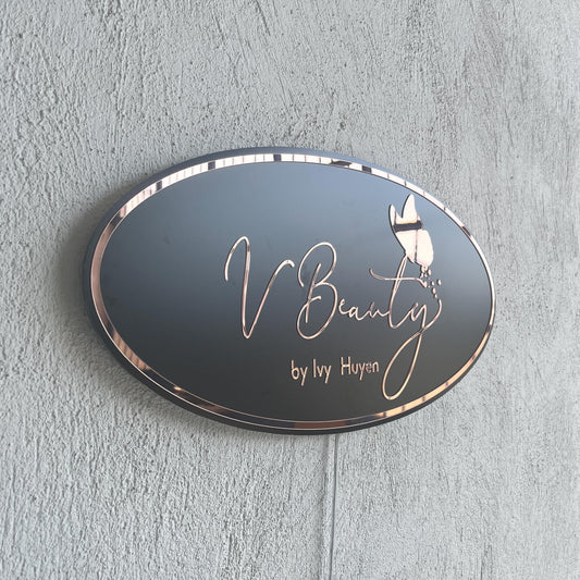 Business Oval Mirror Logo Sign, Rose Gold Mirror Custom 3D Acrylic Sign, Modern Office Wall Decor, Personalized Company Logo, Reception Sign